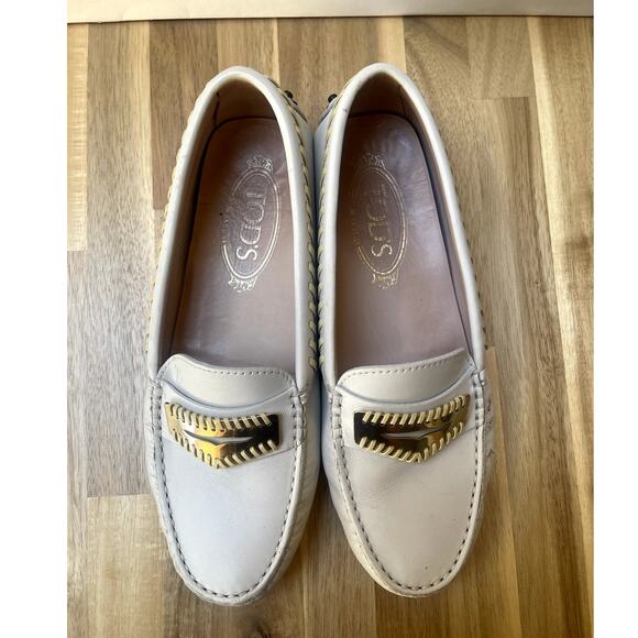 Tod's Gommino Womens Driving Loafers Shoes White Leather Gold Buckle Size 36.5 - Picture 2 of 10